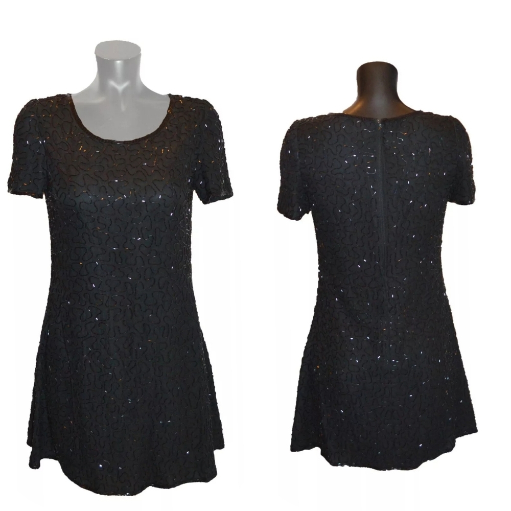 Unbranded Vintage 80s Black Silk Beaded Short Party Prom Dress size M
